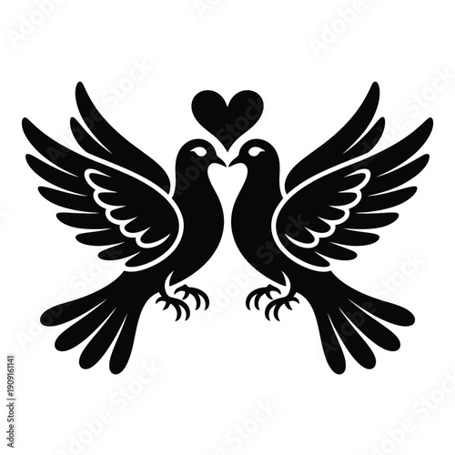 Two black doves facing each other with a heart between them