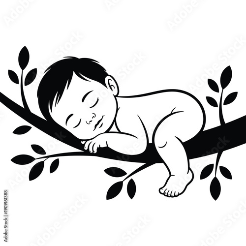 A sleeping baby rests peacefully on a branch amidst foliage
