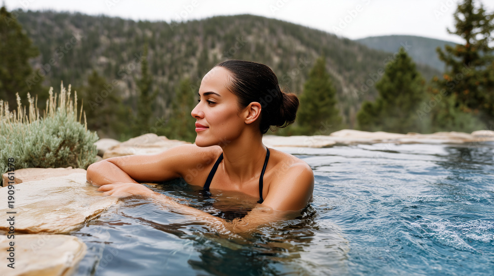Fototapeta premium Woman relaxing in outdoor hot spring pool, mountain view. Natural thermal bathing, stone edge, forest backdrop. Wellness retreat, spa therapy, peaceful moment, health lifestyle, nature escape.
