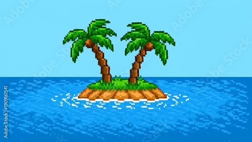 8 bit pixel art illustration of a small tropical island with two palm trees in the middle of a blue ocean under a clear sky.