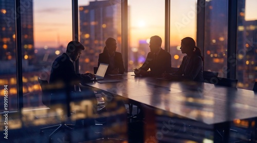 Four professional business individuals are engaged in a serious discussion during a late afternoon meeting in a modern office boardroom overlooking a beautiful city skyline at sunset.