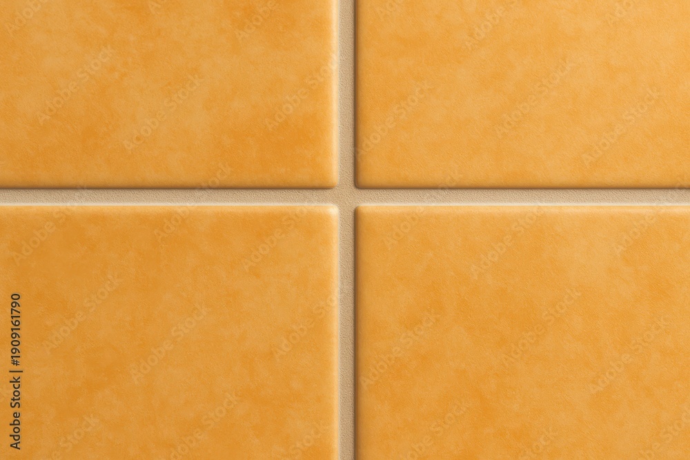 Fototapeta premium Close-up of four square orange tiles with beige grout lines forming a symmetrical design, ideal for background textures and seamless patterns in architectural design.