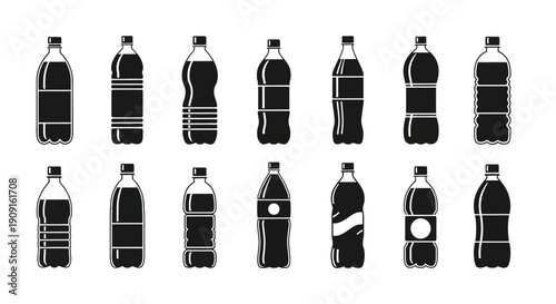 Collection of Black and White Soda Bottles, Variety of Shapes and Sizes, Isolated on White