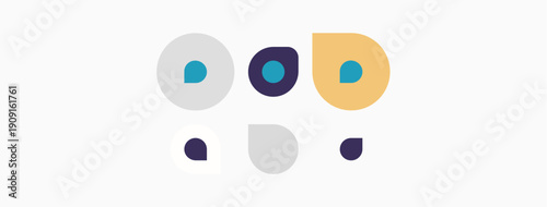 Abstract illustration features colorful circles, dots. Minimalist design suggests faces or connections. Simple shapes create playful composition.