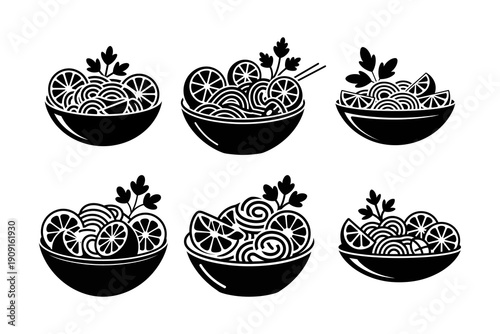 Six bowls of ramen with various toppings siilhouette