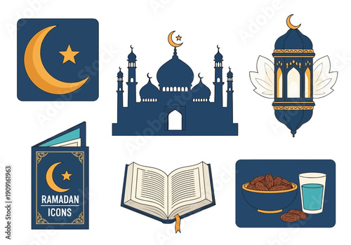 Ramadan icons set with mosque, lantern, dates, and Quran