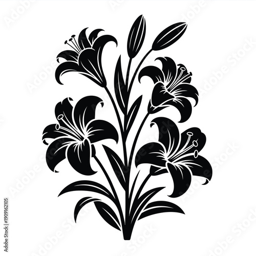 Elegant black and white illustration of several blossoming lily flowers