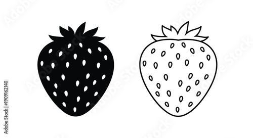 Two strawberries one solid black and one outlined against a white background