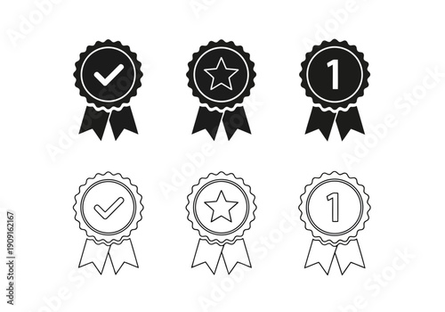 Award ribbons with checkmark, star, and number one icons for recognition