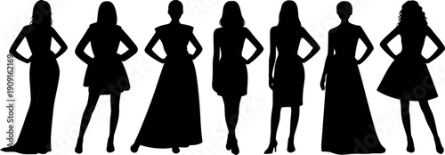 Collection of diverse female fashion silhouettes showcasing elegant dresses and stylish outfits against a clean backdrop