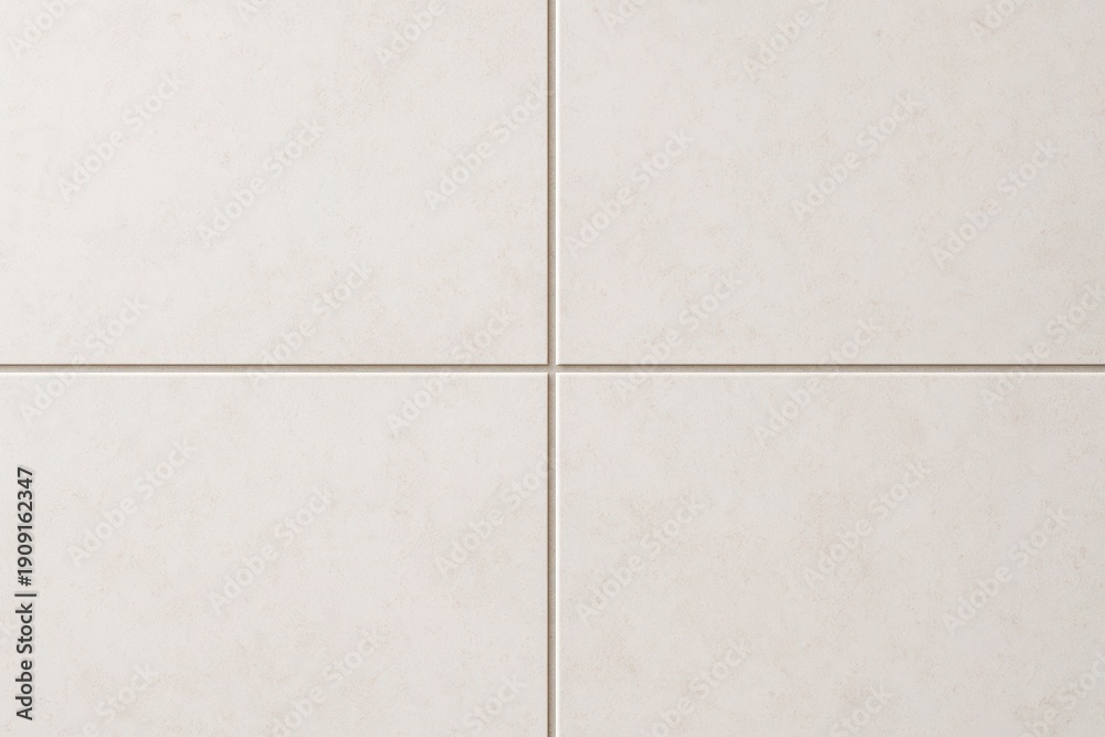 Fototapeta premium A close-up view of square, light cream-colored tiles with a subtle textured surface, evenly spaced grout lines creating a clean and modern aesthetic.