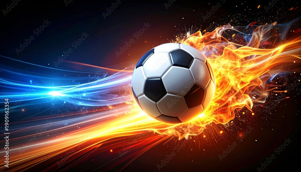 Fototapeta premium An abstract illustration of a spherical leather football engulfed in orange flames, isolated against a black background
