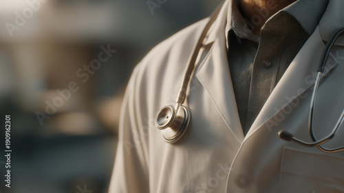 A refined blend of innovation and care appears as holographic vitals represent hospital-based doctor decisions beyond standard stethoscope use. cinematic color correction, natural uneven lighting