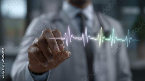 A refined blend of innovation and care appears as holographic vitals represent hospital-based doctor decisions beyond standard stethoscope use. cinematic color correction, natural uneven lighting