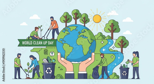 World clean up day illustration with people cleaning the earth and environment