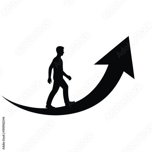A silhouette of a man walking up a large curved arrow