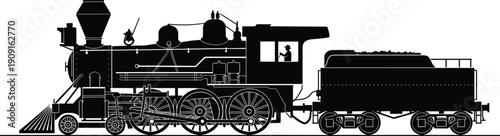 Detailed Black and White Vector Silhouette of a Vintage Steam Locomotive Train with Coal Tender and Engineer in Cabin for Historical Railway and Industrial Design
