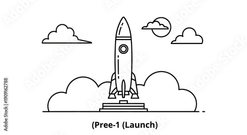 Rocket Launching into Space, Clouds and Moon Illustration