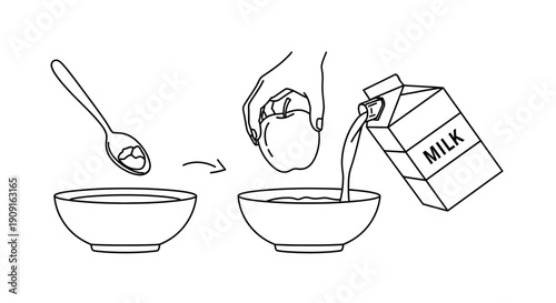 Preparing Cereal: Spoonful of Cereal, Apple, and Milk Pouring into Bowl