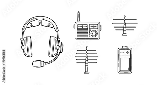 Radio Communication Equipment Icons: Headphones, Radio, Antennas, Battery