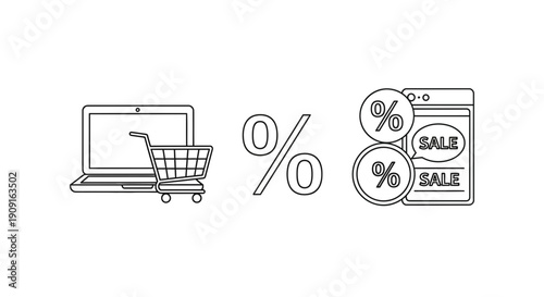 Online shopping sale concept with laptop, shopping cart, and discount percentages