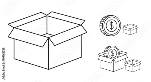 Open Cardboard Box with Dollar Coins, Concept of Business and Finance
