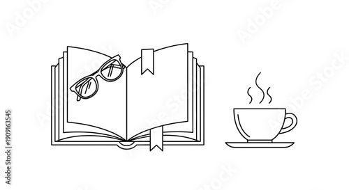 Open Book with Glasses and Steaming Coffee Cup - Relaxing Reading Break