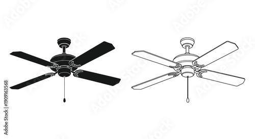 Two ceiling fans are depicted a solid black version and a line drawing
