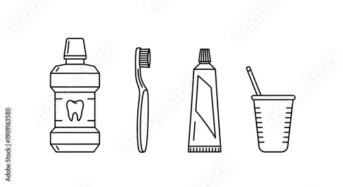 Oral hygiene set: mouthwash, toothbrush, toothpaste, and cup with brush