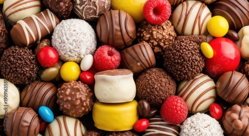 Assorted colorful candies and chocolates in a vibrant and enticing display