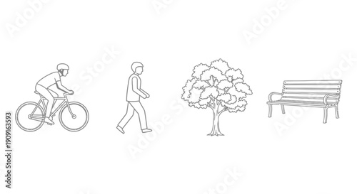 Outdoor recreation: Cycling, walking, park bench, and tree illustration