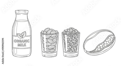 Organic Milk Bottle, Almonds, Grains, and Fruit Slice: Healthy Lifestyle Ingredients