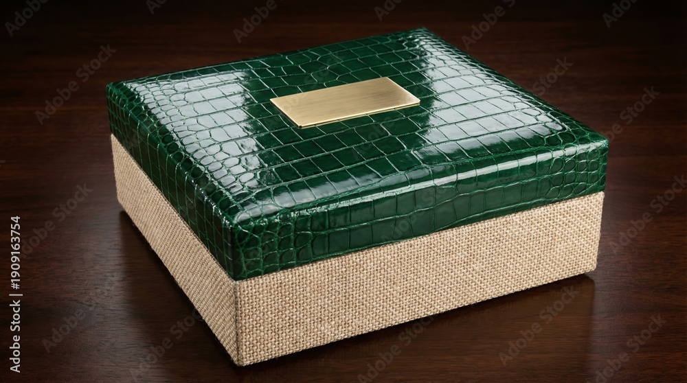 Obraz premium Green textured storage box mockup with blank label plate