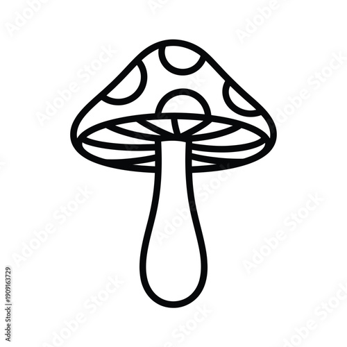 Simple black and white line drawing of a spotted mushroom