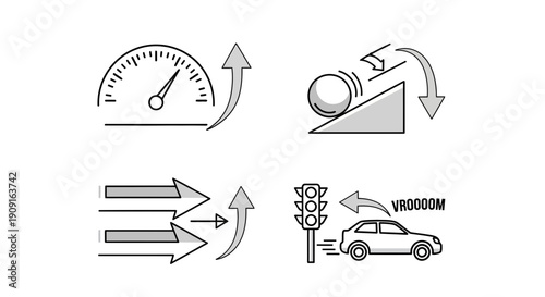 Physics Concepts: Speed, Gravity, Force, and Motion Icons