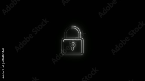 Glowing neon padlock on black background