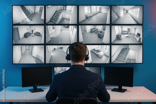 A security operator monitoring multiple surveillance screens displaying building interiors, enhancing property safety and proactive safety measures, using high-tech equipment.