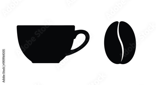 Simple black silhouette of a coffee cup and single bean