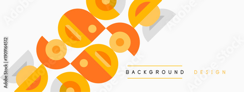 Abstract geometric pattern. Circles, semicircles, rectangles overlap creating dynamic visual texture. Warm colors dominate design.