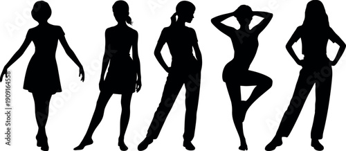 Collection of diverse female silhouettes in various fashionable poses and attire displayed isolated on a white background
