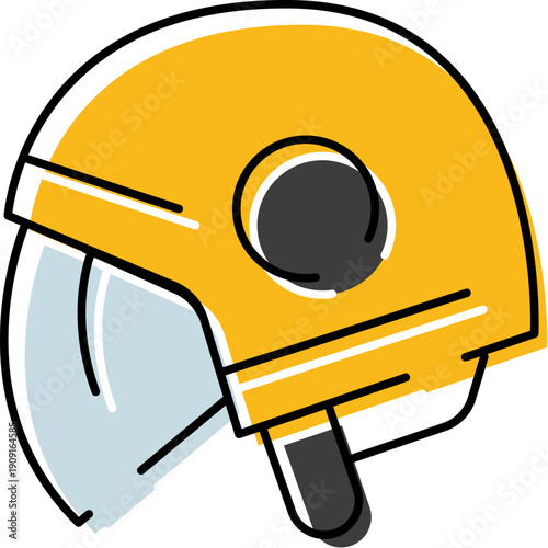 Yellow motorcycle helmet with clear visor, flat minimal illustration symbolizing biker safety and protective headgear for scooter and motorcycle riders on urban roads and travel adventures