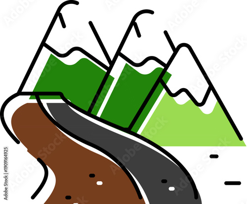 Road traversing a mountainous terrain with lush green slopes and visible snowcaps, illustrating a journey, travel, adventure, and nature exploration in an outdoor setting
