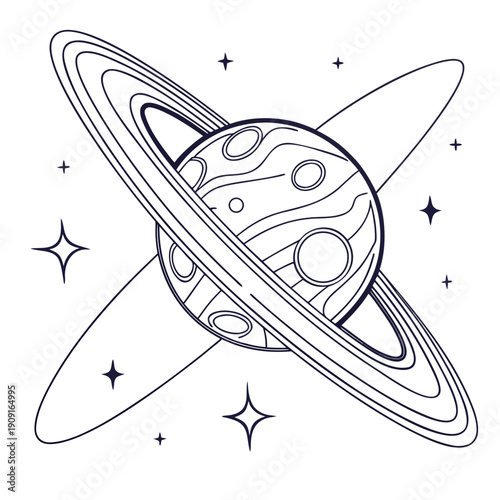 A drawing of a planet with a ring and stars