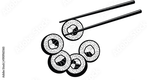 Black and white illustration of sushi rolls and chopsticks
