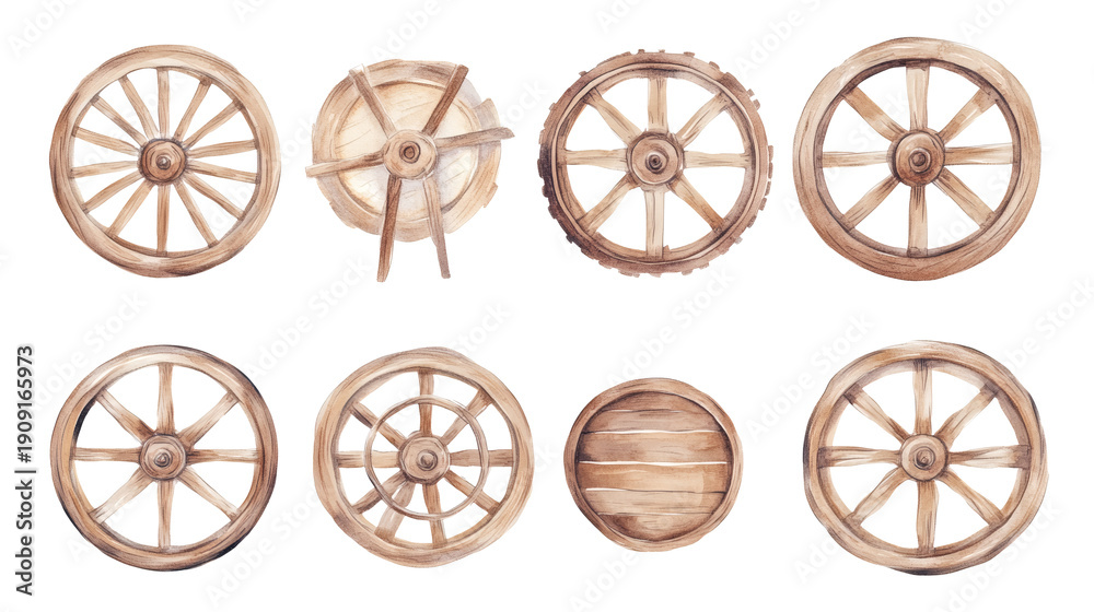 Fototapeta premium Set of six rustic wooden wagon wheels, hand-painted watercolor style, isolated on transparent background in a grid layout.