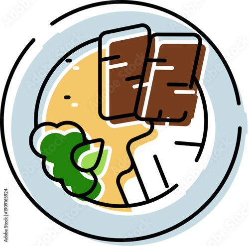 Traditional japanese ramen noodles with broth, bok choy, and meat illustration, representing asian cuisine, comfort food, and ready meal concepts in a simple line art style