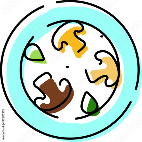 Creamy mushroom soup with herbs in a light blue bowl, minimal meal icon style illustration conveying healthy, homey cooking, vegan friendly comfort and simple cuisine concept