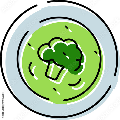 Broccoli cream soup in a bowl, minimal line art illustration conveying healthy, fresh vegetable ingredients, nutritious meal and vegan friendly comfort food for menus and wellness projects