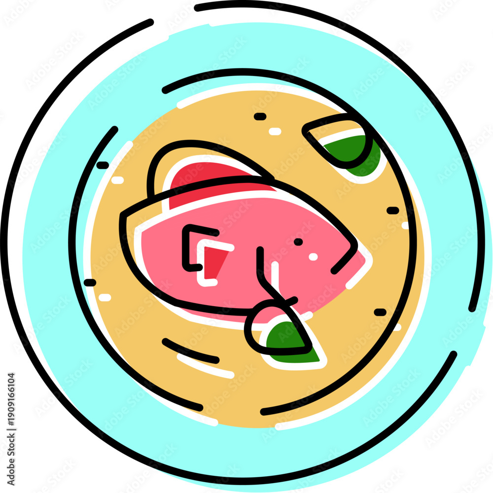 Obraz premium Warm fish soup with whole fish, green herbs and noodles in a blue rimmed bowl, illustrated vector style for menu, recipe or culinary concept, cozy seafood meal depiction