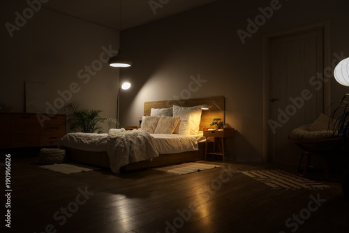Interior of dark bedroom wi...
